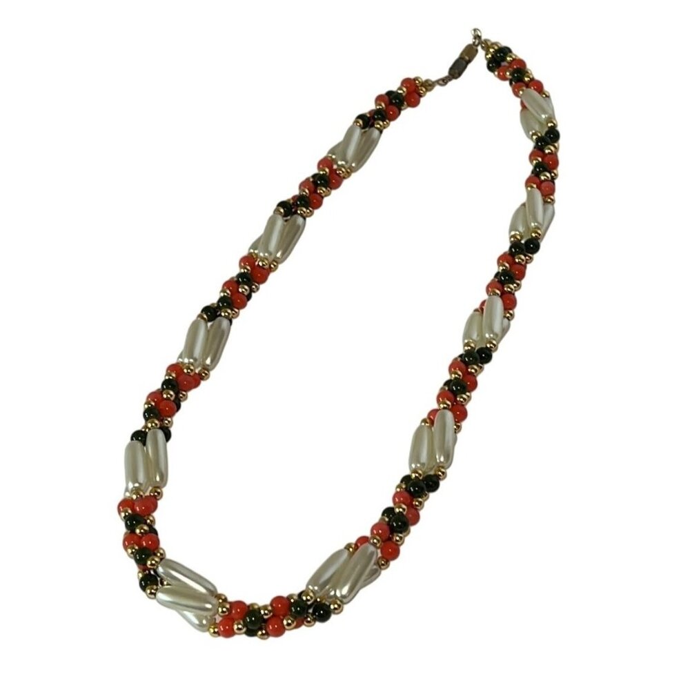Vtg Retro Handmade Twisted Orange Black Gold Faux Pearl 17" Necklace